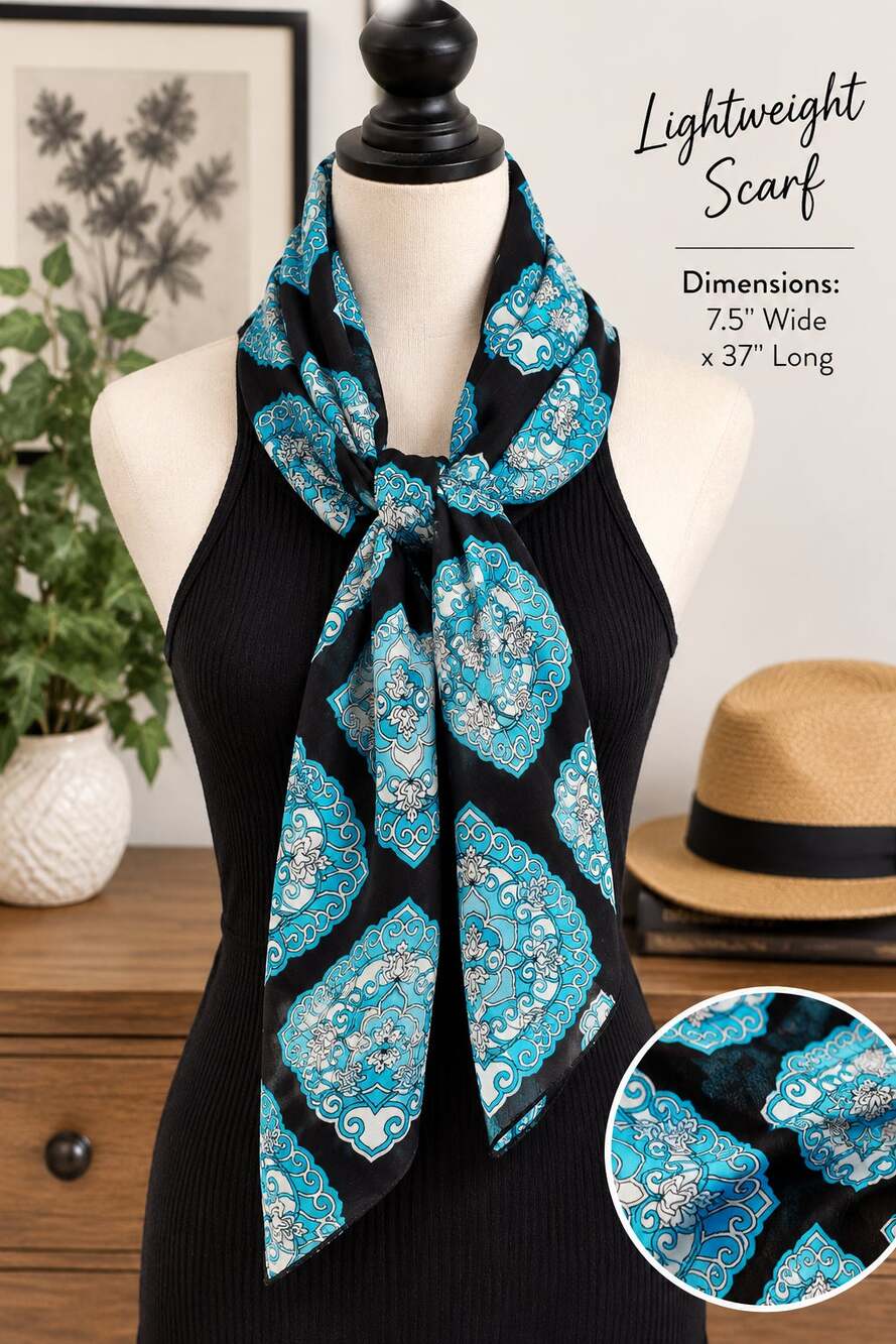 Vintage Blue Damask Medallion Lightweight Silk Like Scarf Boho Coquette Indie